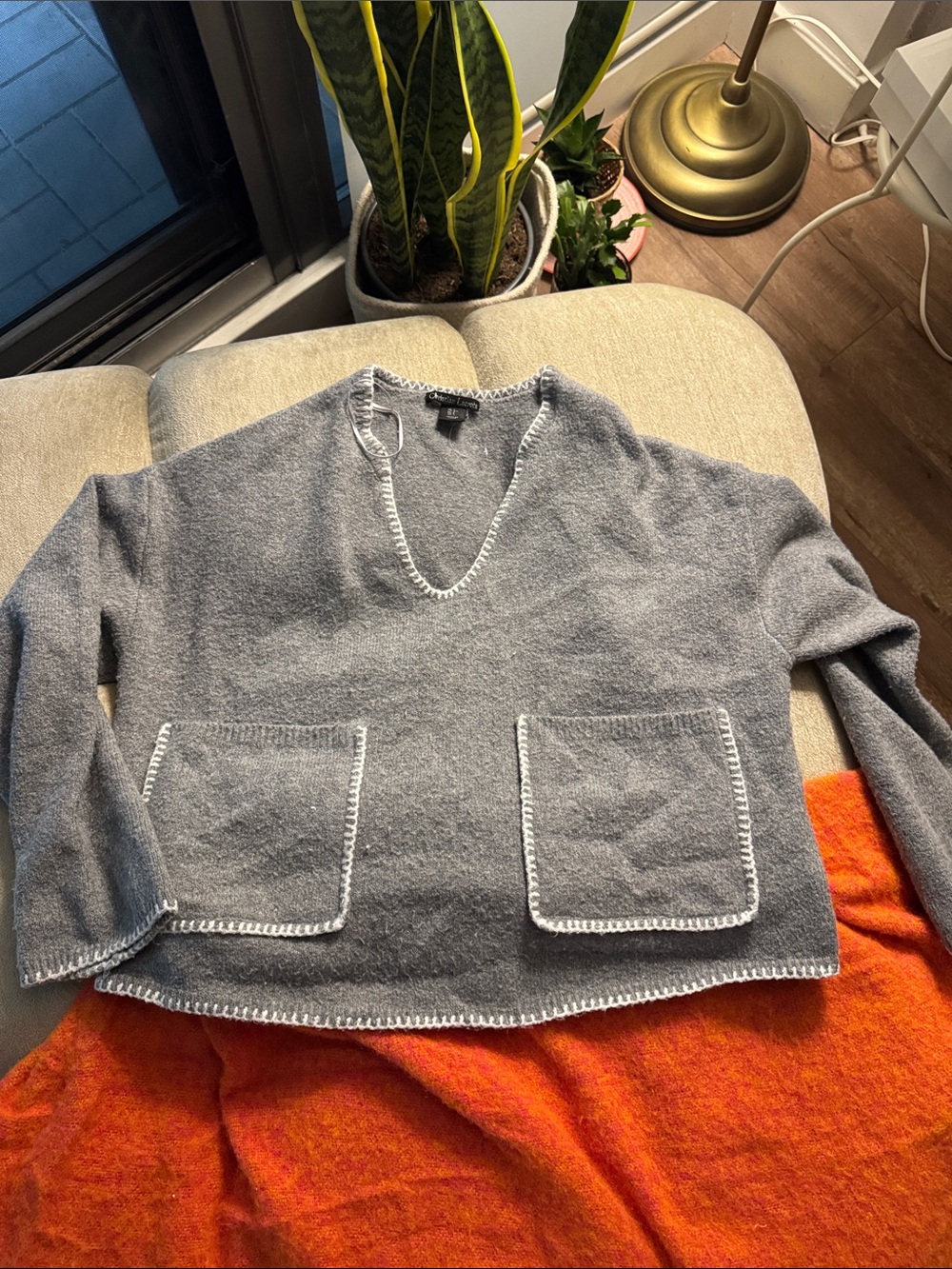 Christian Lacroix Gray V-Neck Pocket Sweater with White Trim